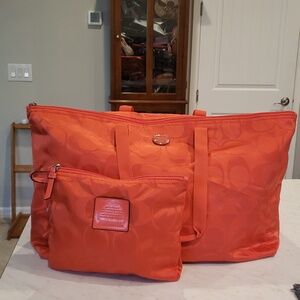 Coach Getaway Orange Signature Nylon Packable Weekender Pouch Set